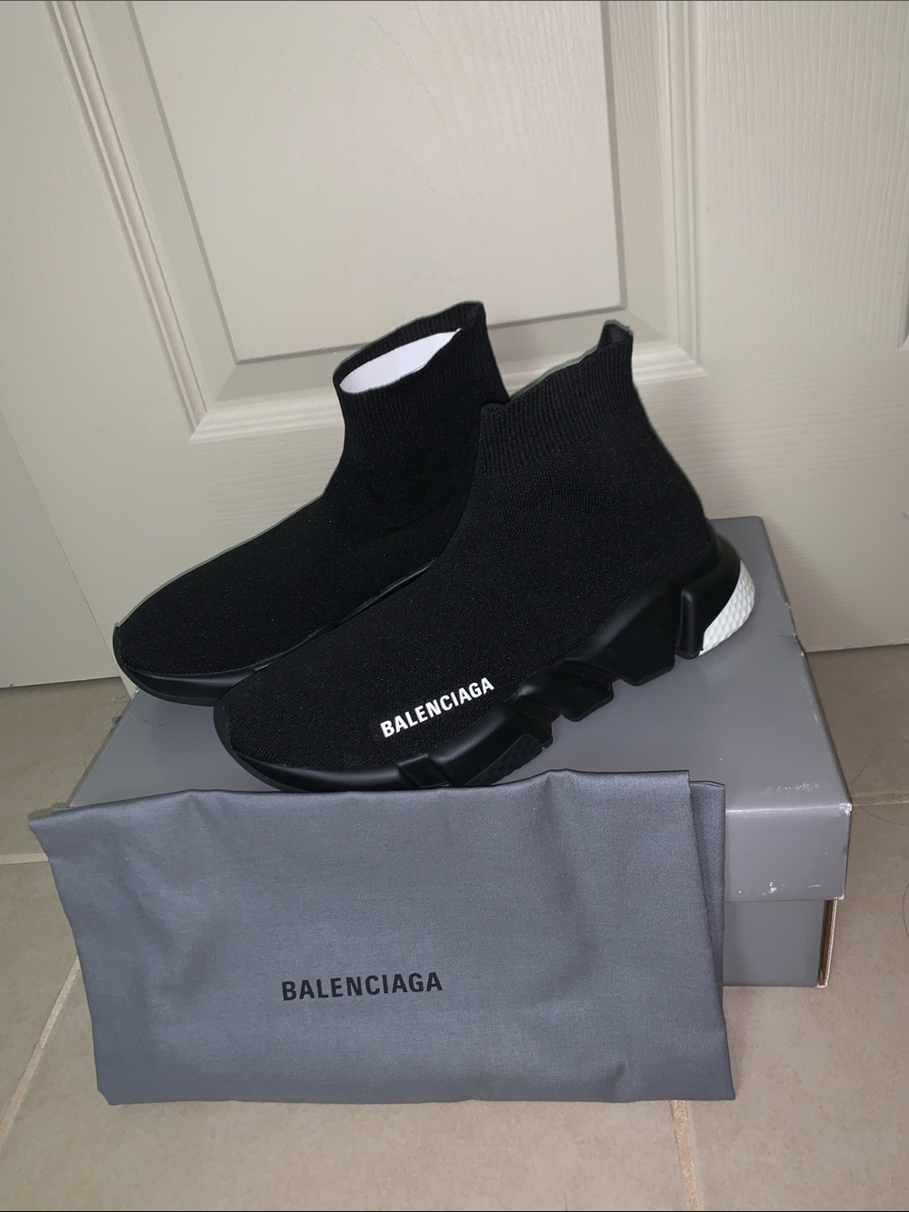 Balenciaga Black Knit Sock Runner with White Logo